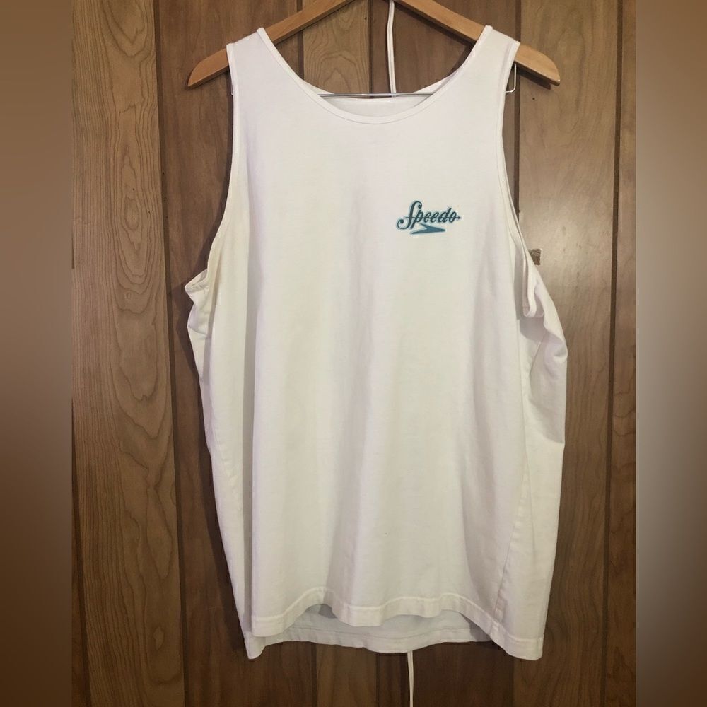 Speedo mens XL tank top. White with blue logo and graphics.